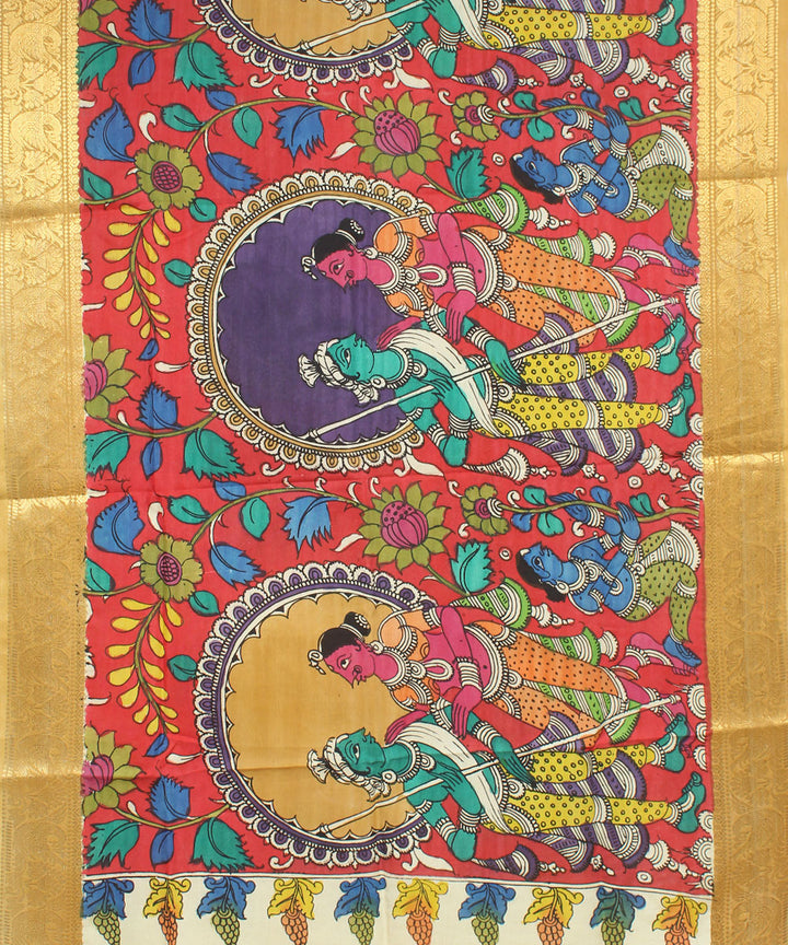 Multicolor mustard hand painted cotton silk kalamkari dupatta