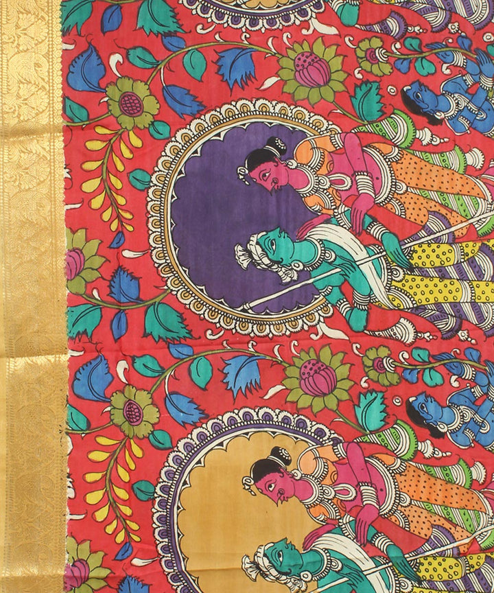 Multicolor mustard hand painted cotton silk kalamkari dupatta