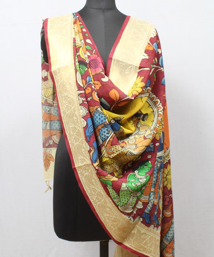 Maroon yellow orange hand painted cotton silk kalamkari dupatta