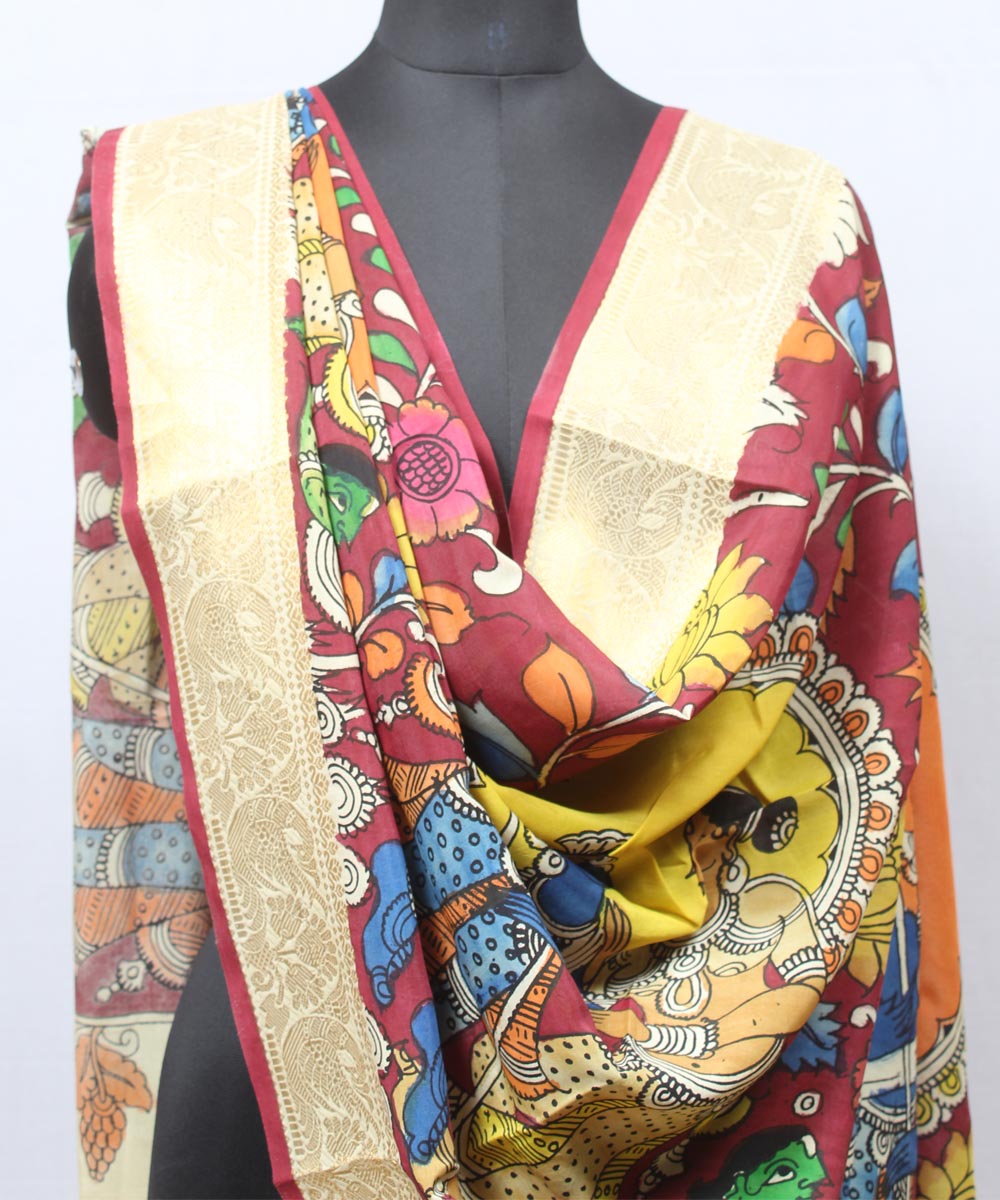 Maroon yellow orange hand painted cotton silk kalamkari dupatta