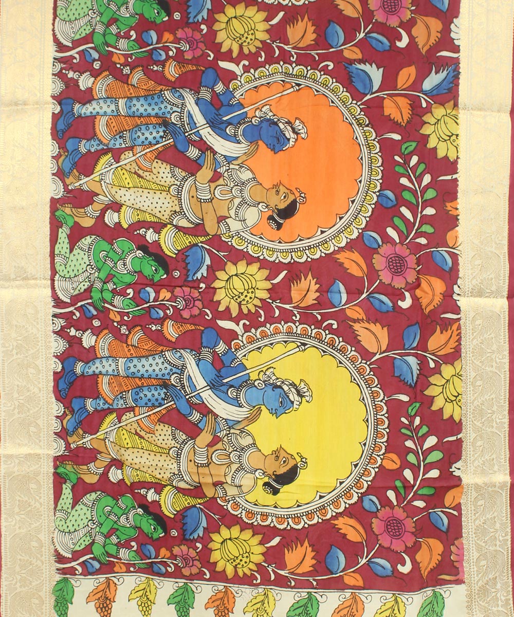 Maroon yellow orange hand painted cotton silk kalamkari dupatta