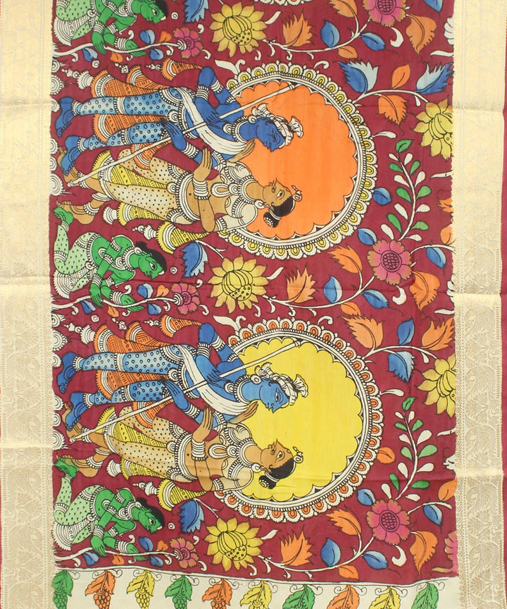 Maroon yellow orange hand painted cotton silk kalamkari dupatta