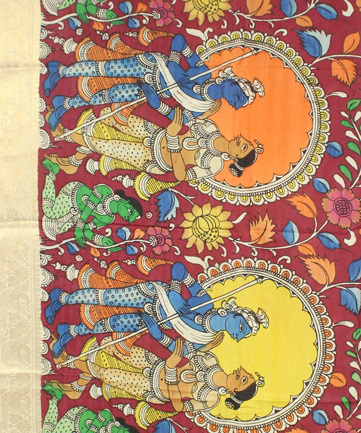 Maroon yellow orange hand painted cotton silk kalamkari dupatta