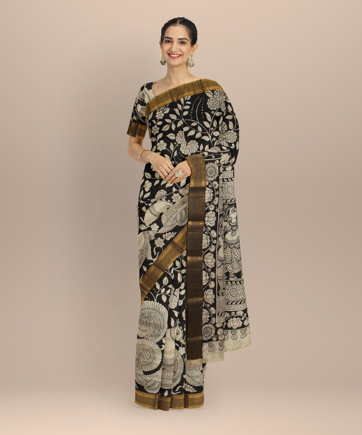 Black cream hand painted kalamkari silk saree
