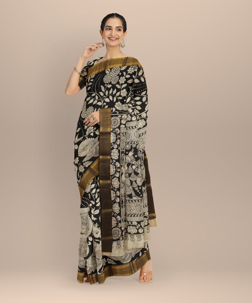 Black cream hand painted kalamkari silk saree