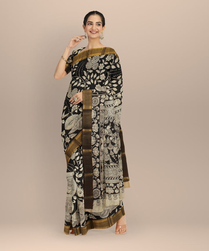 Black cream hand painted kalamkari silk saree