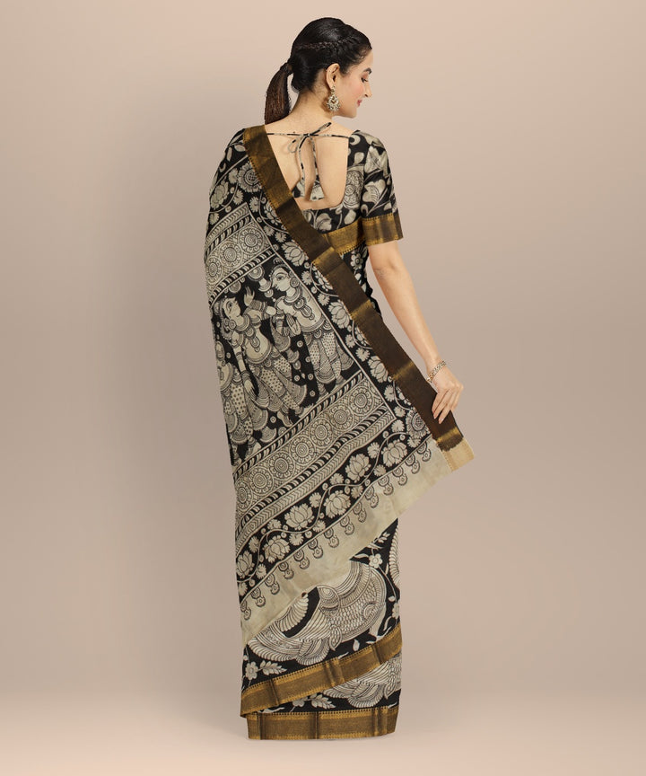 Black cream hand painted kalamkari silk saree