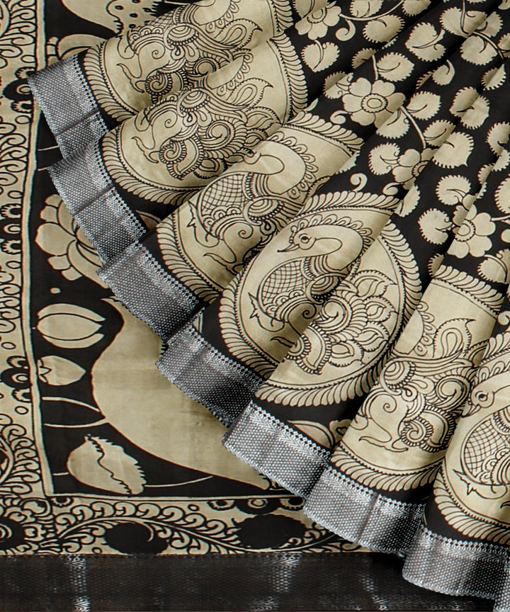 Black cream silk kalamkari hand painted saree