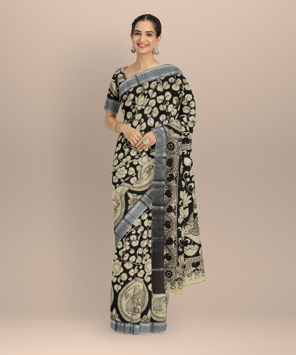 Black cream silk kalamkari hand painted saree