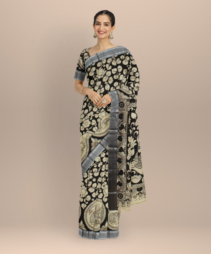 Black cream silk kalamkari hand painted saree