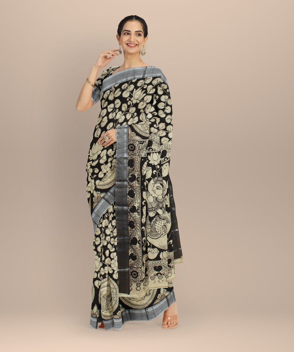 Black cream silk kalamkari hand painted saree
