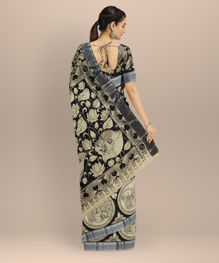 Black cream silk kalamkari hand painted saree