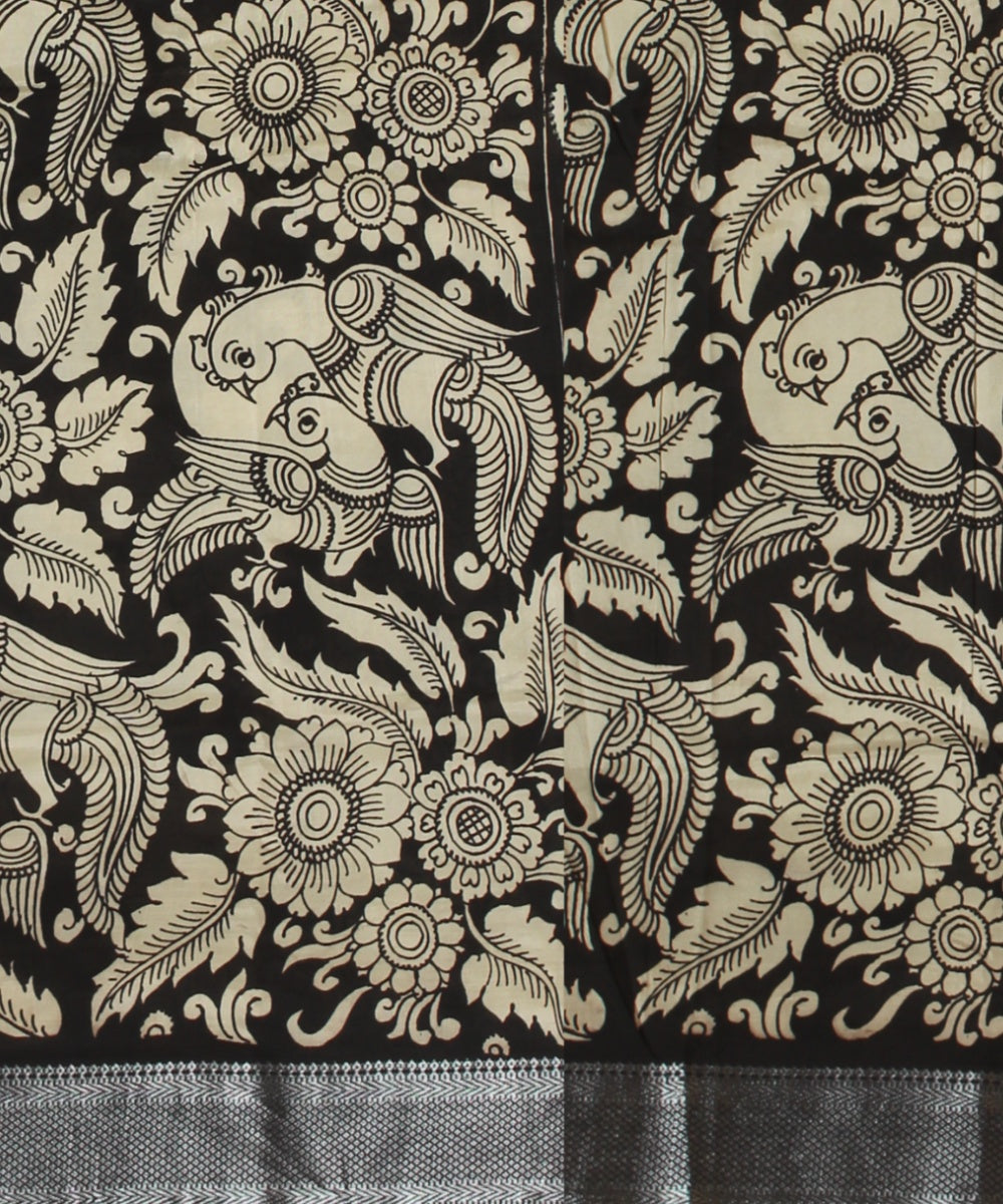 Black cream silk kalamkari hand painted saree