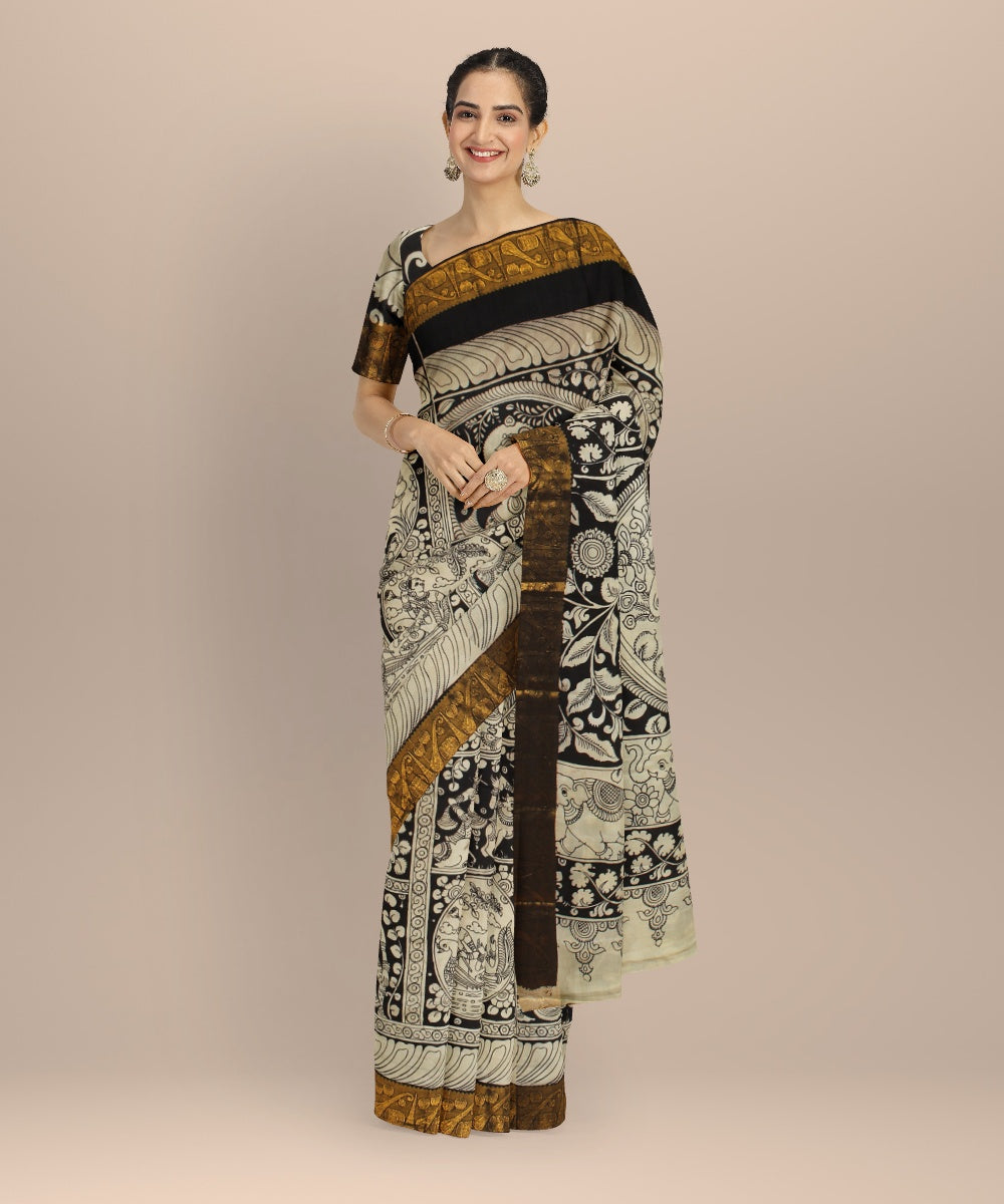 Black cream mustard silk hand painted kalamkari saree