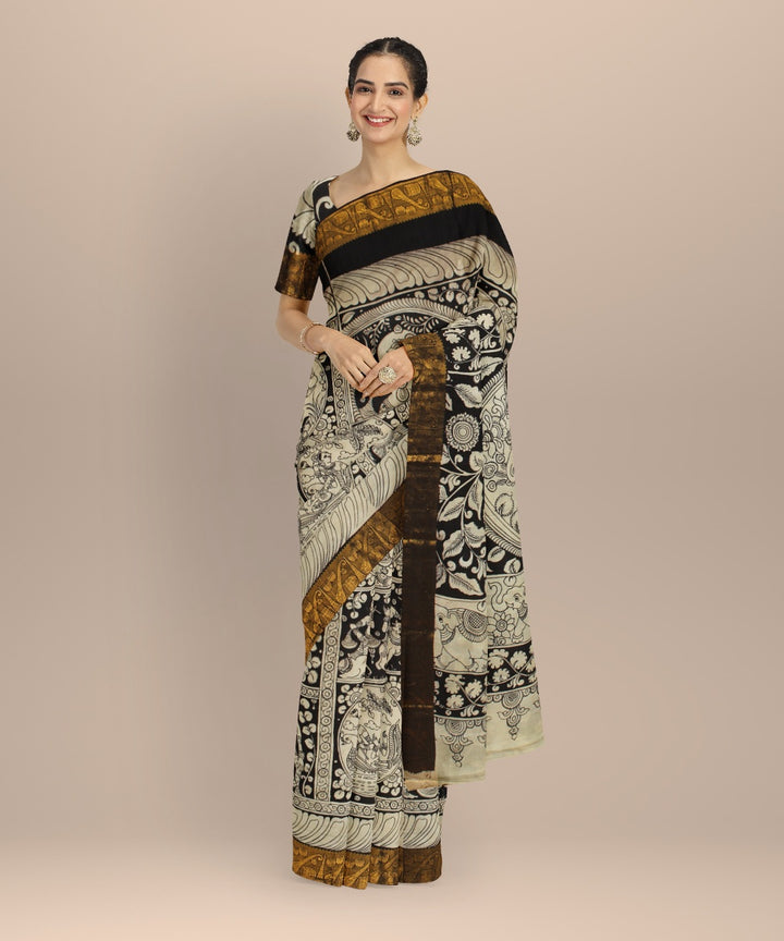 Black cream mustard silk hand painted kalamkari saree
