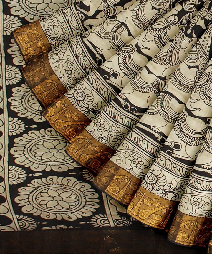 Black mustard cream silk hand painted kalamkari saree