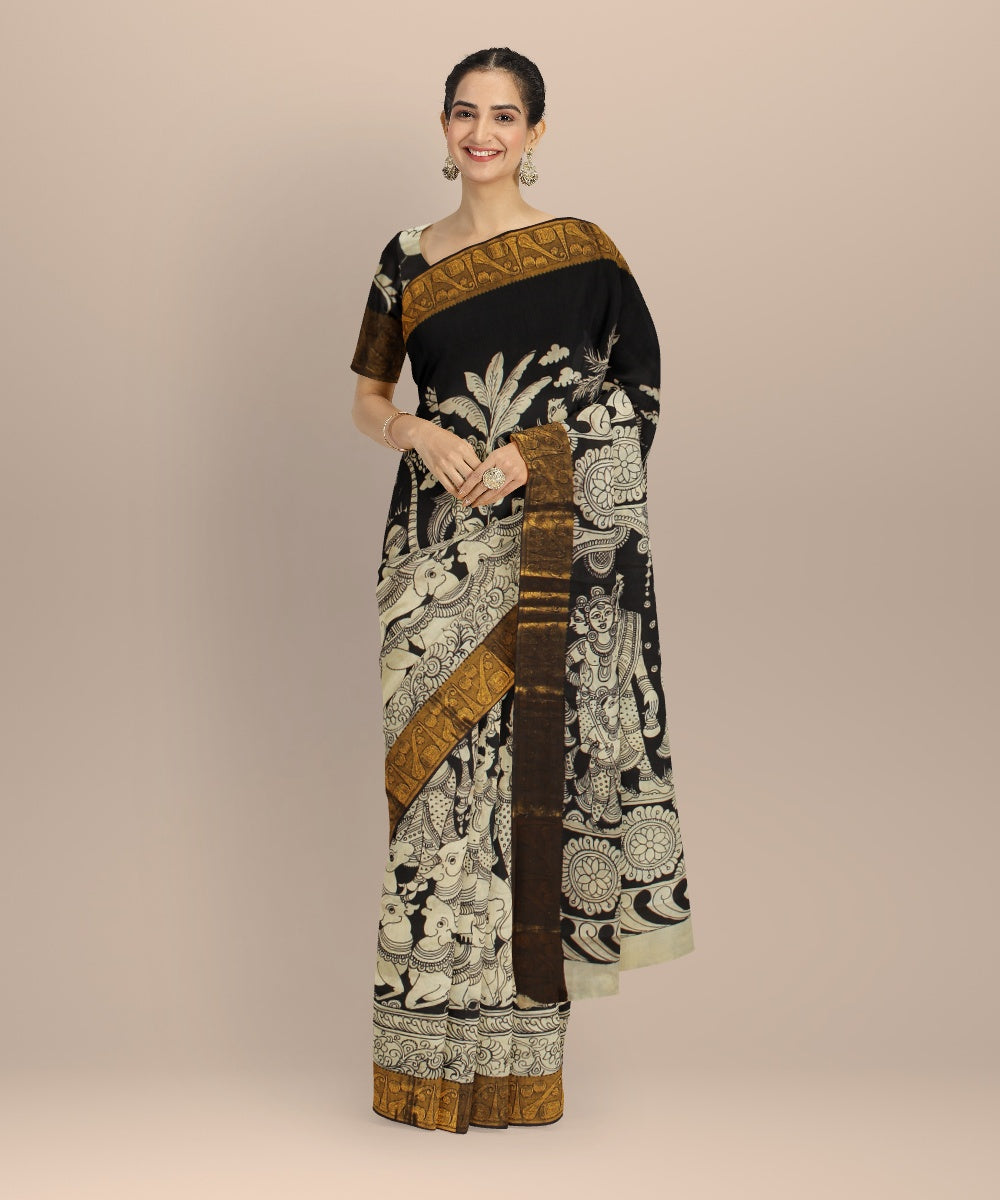 Black mustard cream silk hand painted kalamkari saree