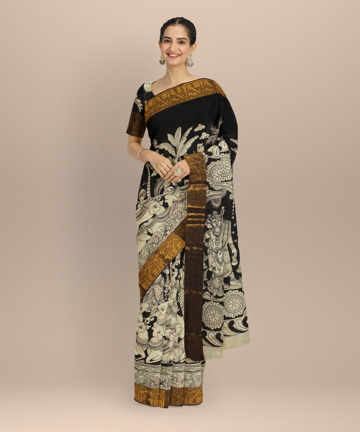 Black mustard cream silk hand painted kalamkari saree