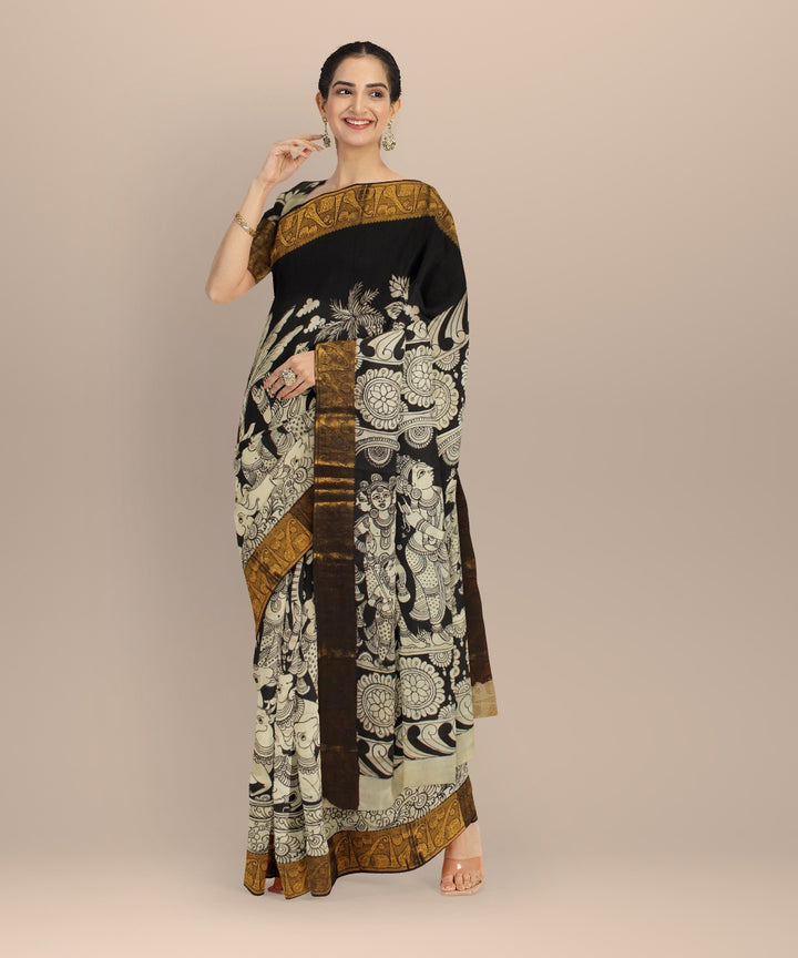Black mustard cream silk hand painted kalamkari saree