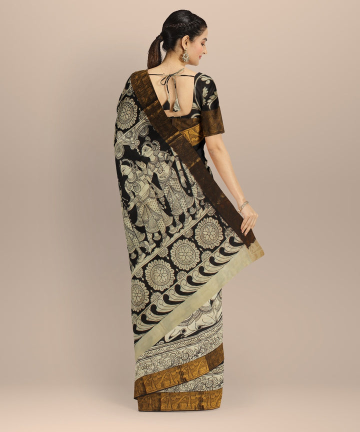 Black mustard cream silk hand painted kalamkari saree