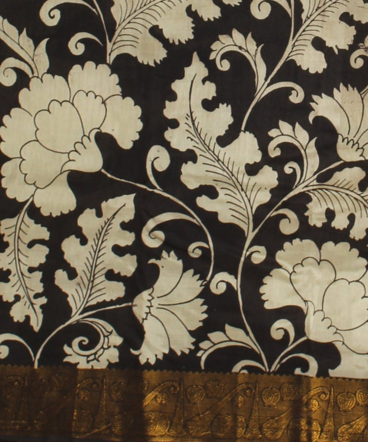 Black mustard cream silk hand painted kalamkari saree