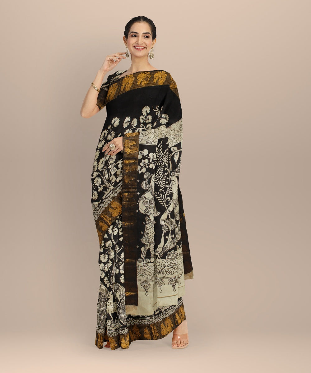 Black cream mustard hand painted kalamkari silk saree