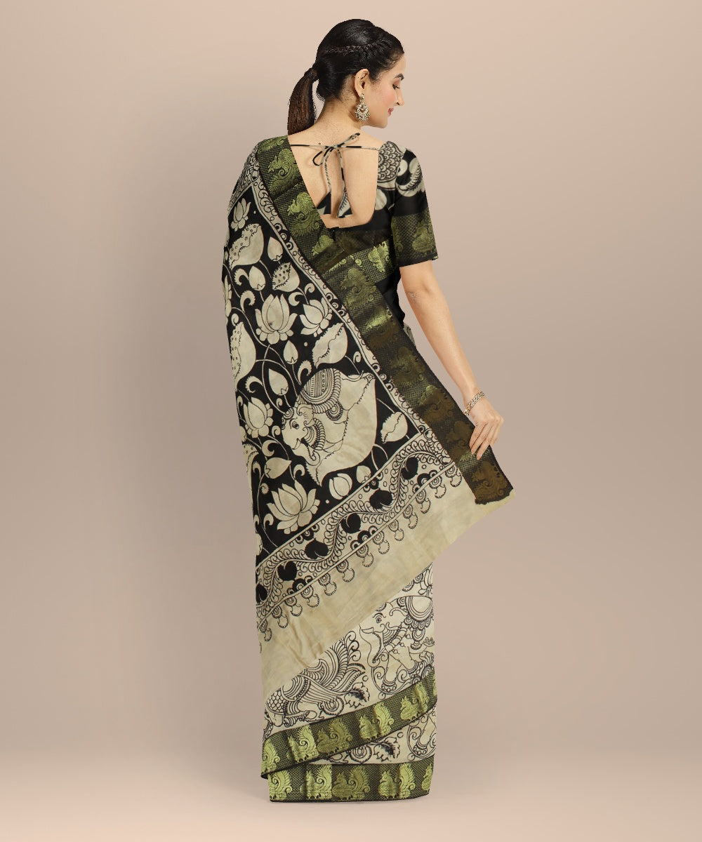 Black cream silk hand painted kalamkari saree