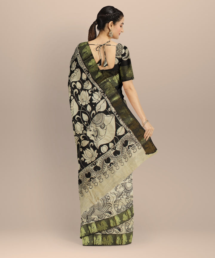 Black cream silk hand painted kalamkari saree