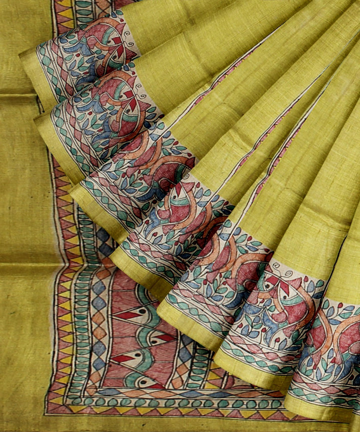 Yellow multi color tussar silk hand painted madhubani saree