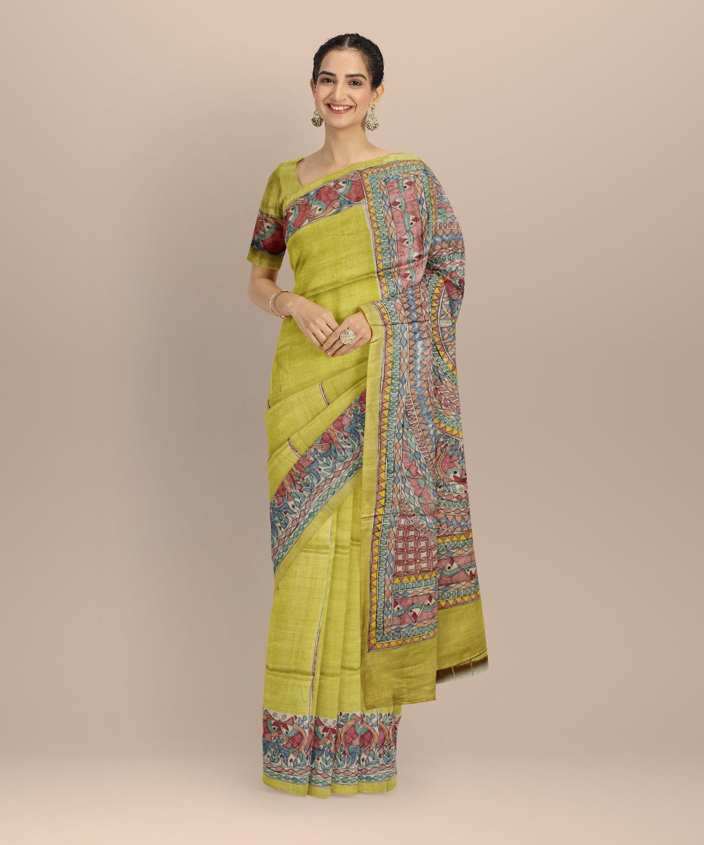 Yellow multi color tussar silk hand painted madhubani saree