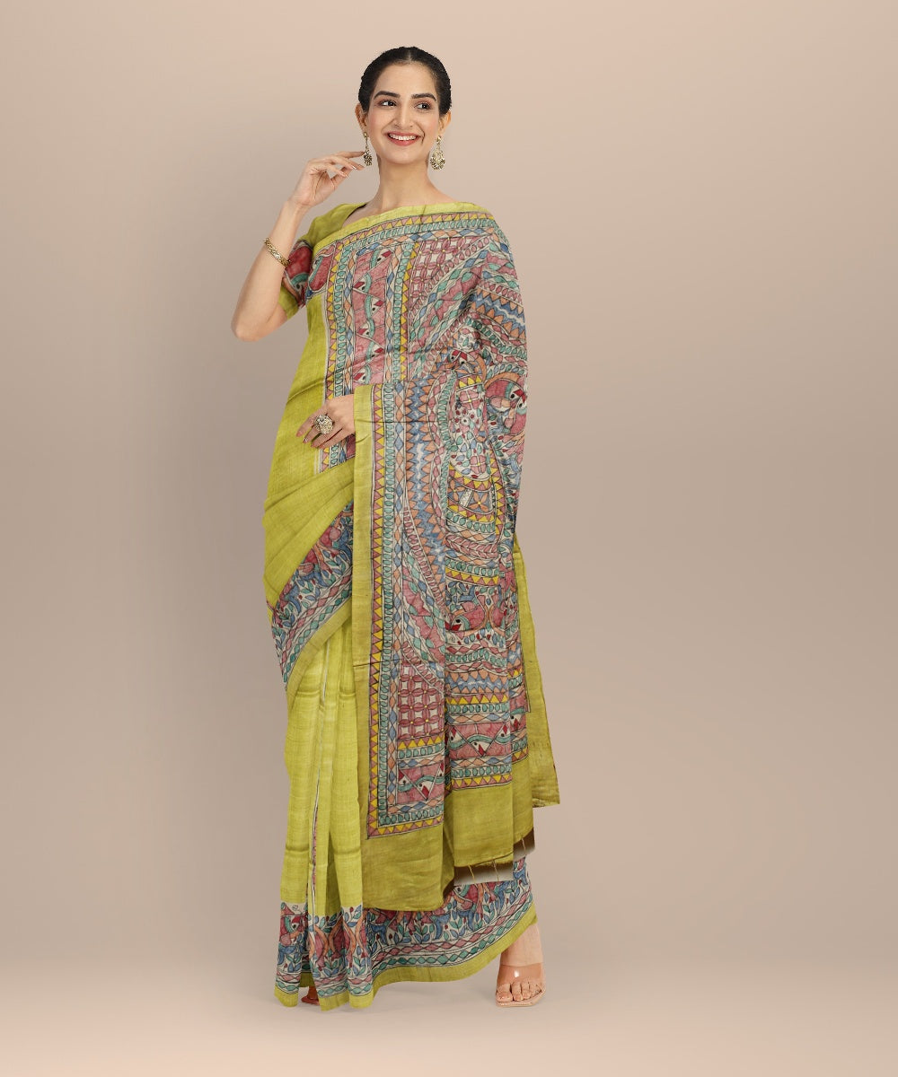 Yellow multi color tussar silk hand painted madhubani saree