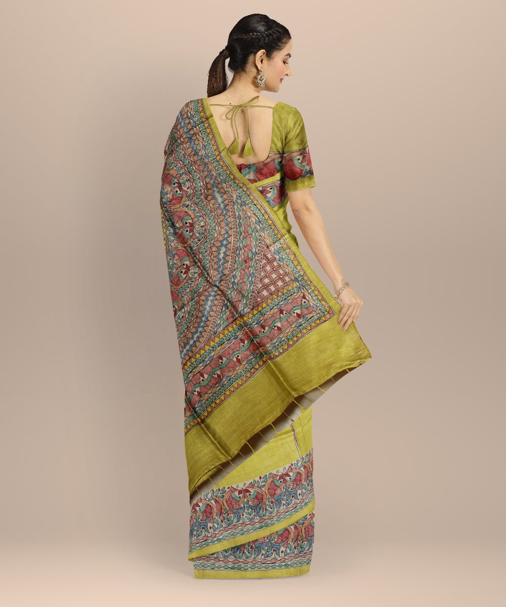 Yellow multi color tussar silk hand painted madhubani saree