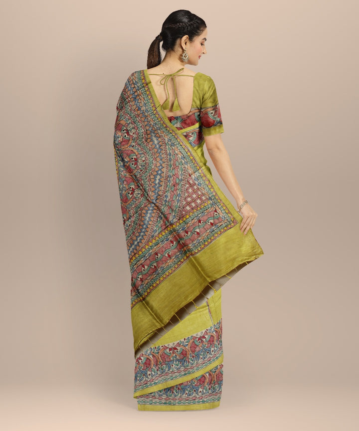 Yellow multi color tussar silk hand painted madhubani saree