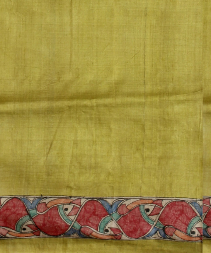 Yellow multi color tussar silk hand painted madhubani saree
