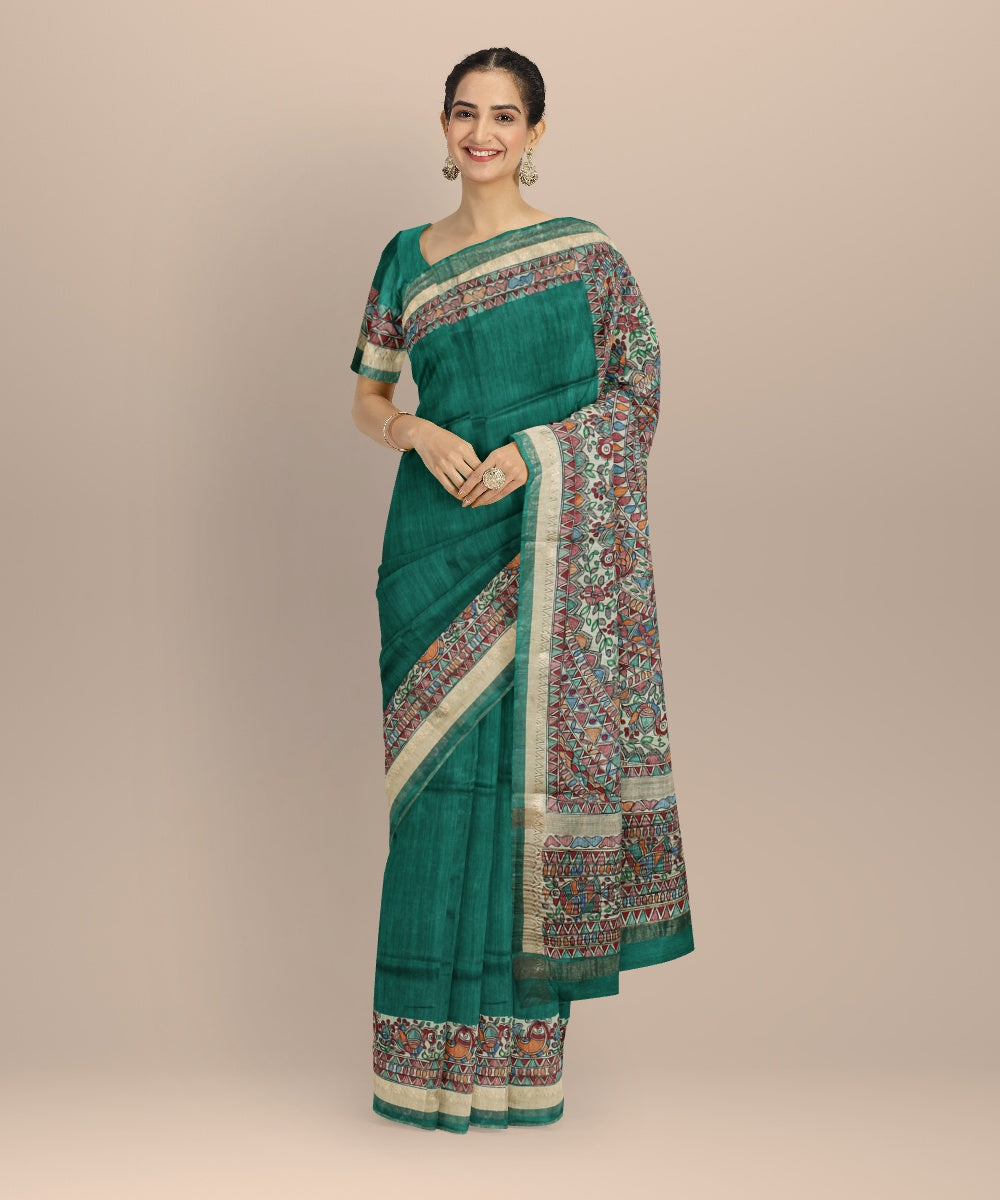 Cyan green multi color tussar silk hand painted madhubani saree