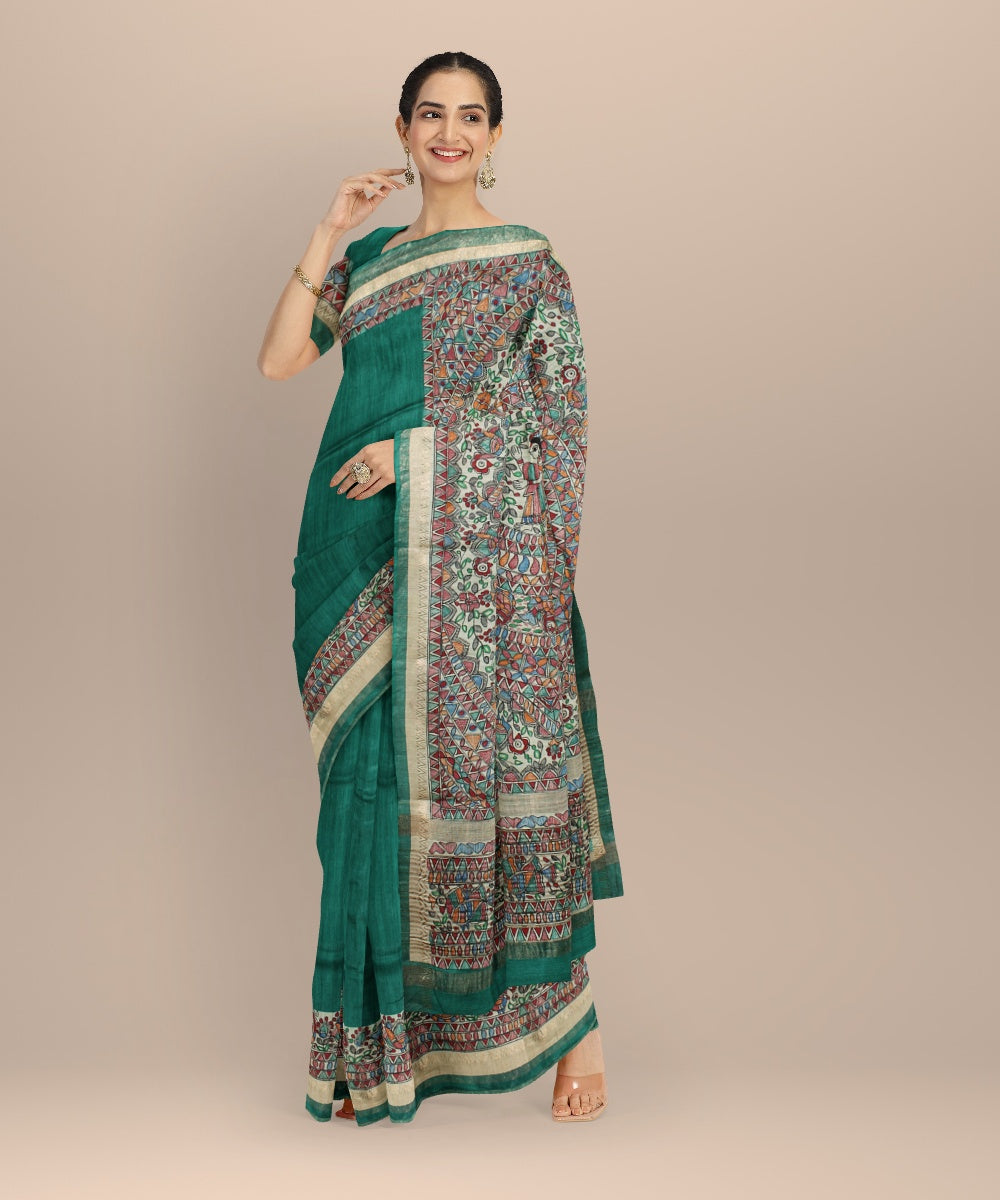 Cyan green multi color tussar silk hand painted madhubani saree