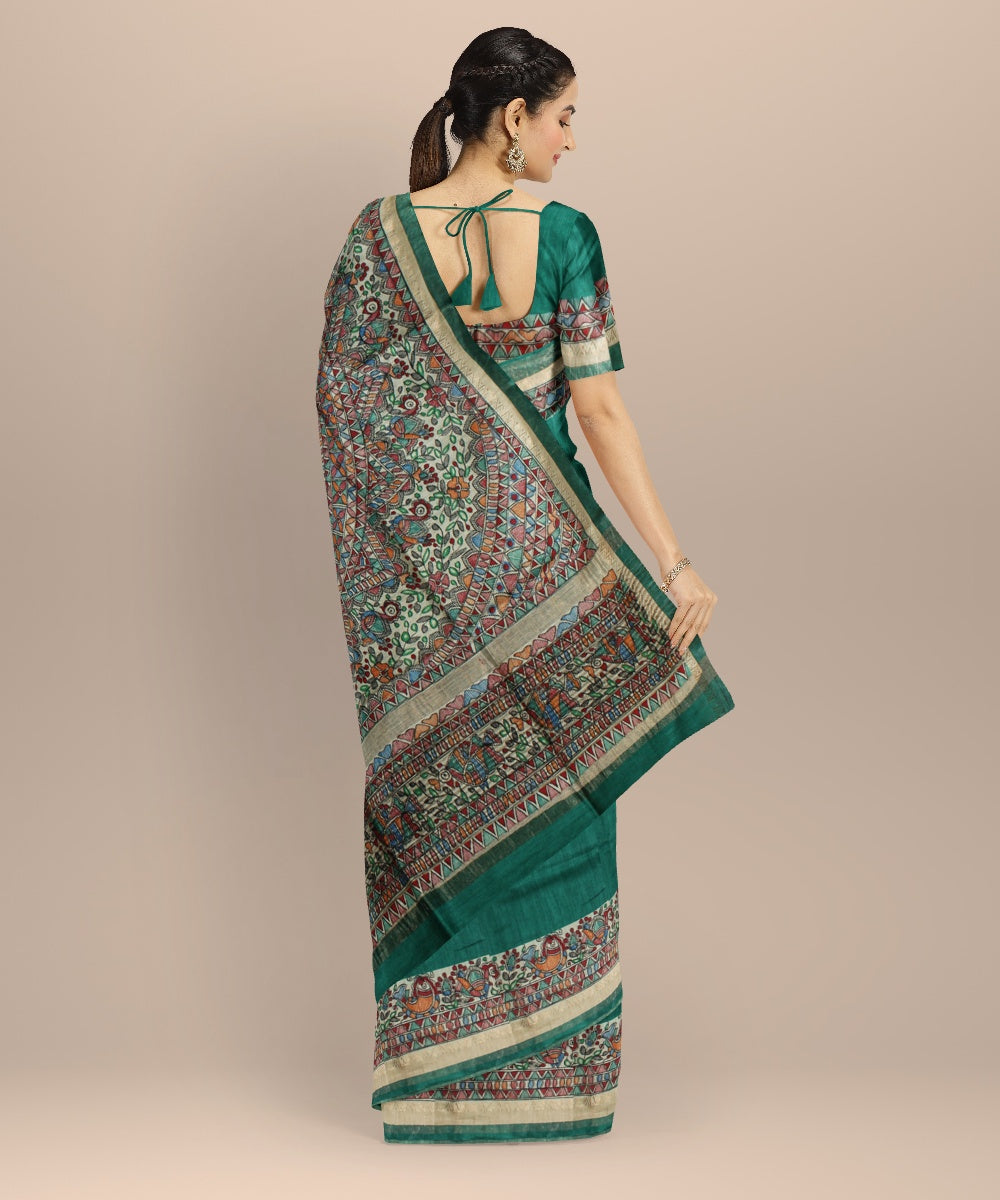 Cyan green multi color tussar silk hand painted madhubani saree