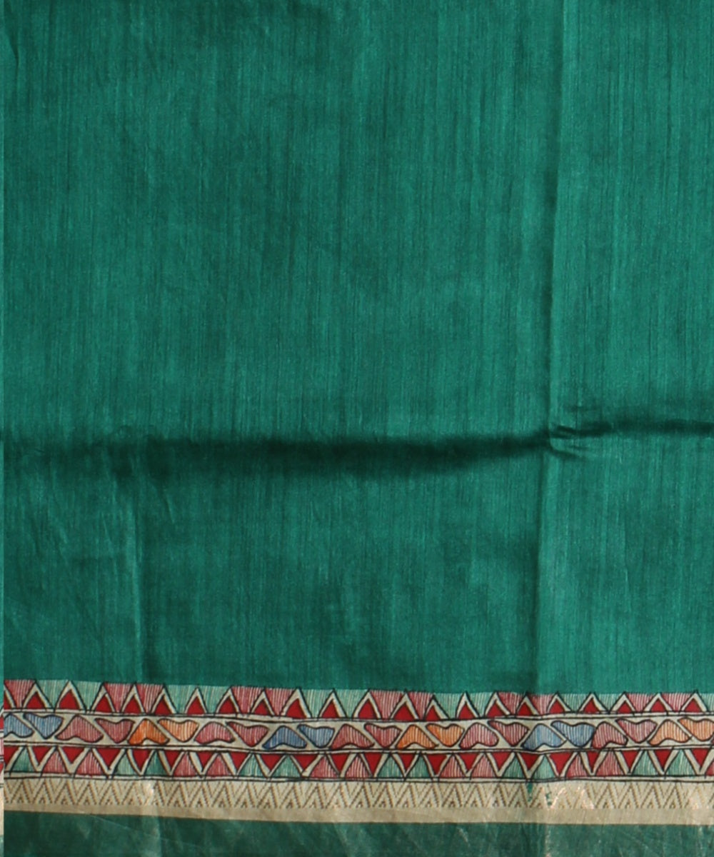 Cyan green multi color tussar silk hand painted madhubani saree