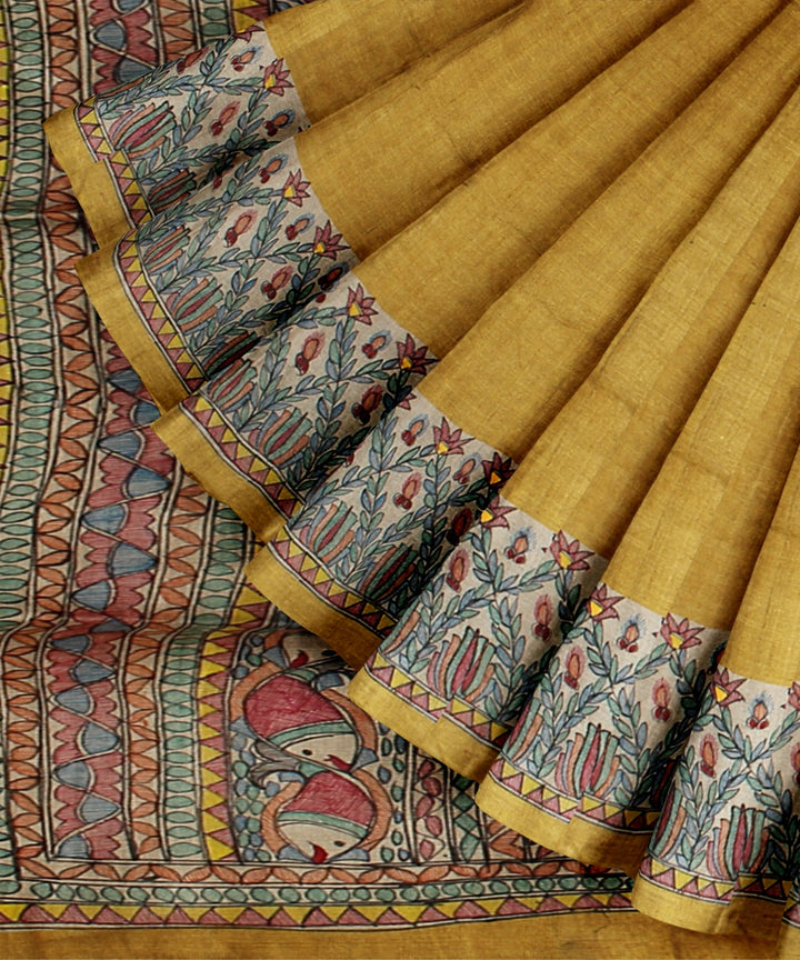 Mustard multi color tussar silk hand painted madhubani saree