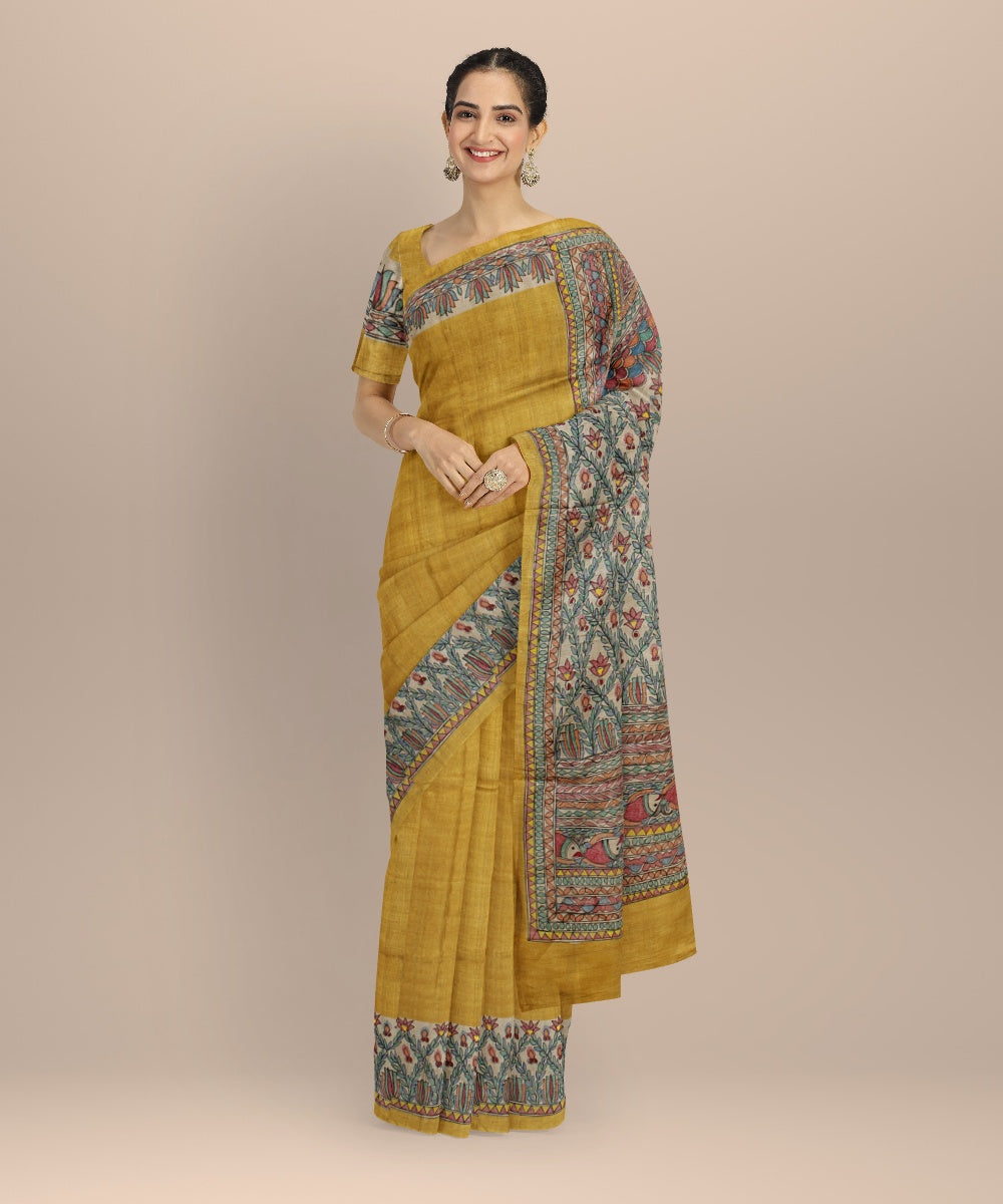 Mustard multi color tussar silk hand painted madhubani saree