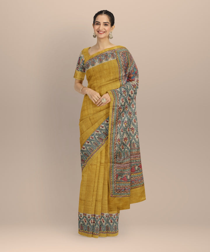Mustard multi color tussar silk hand painted madhubani saree