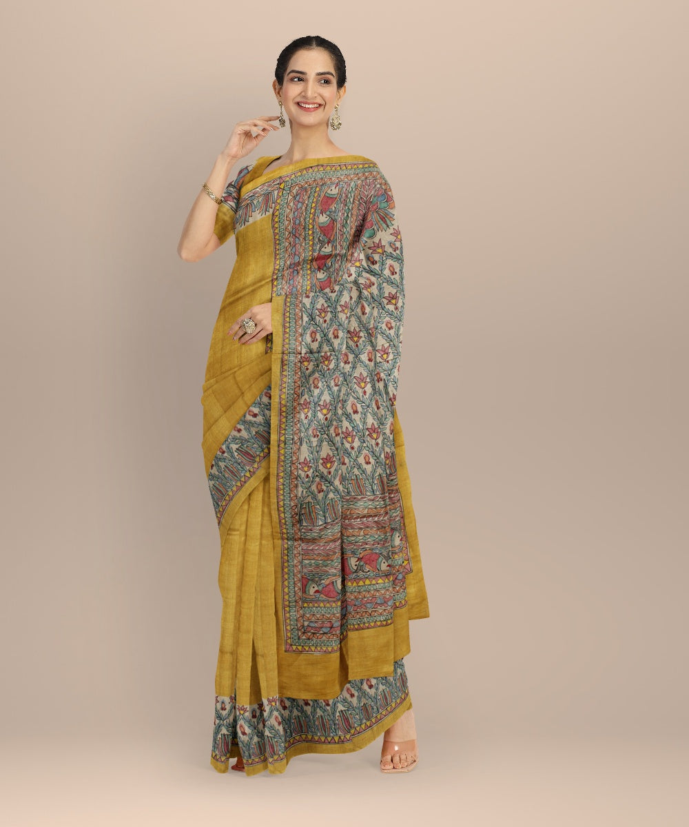 Mustard multi color tussar silk hand painted madhubani saree