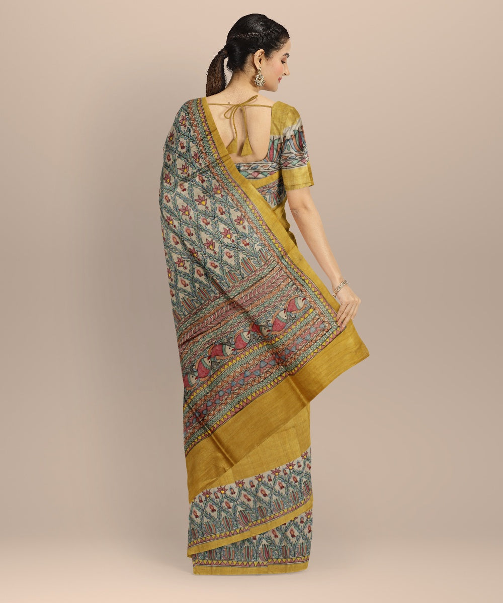 Mustard multi color tussar silk hand painted madhubani saree