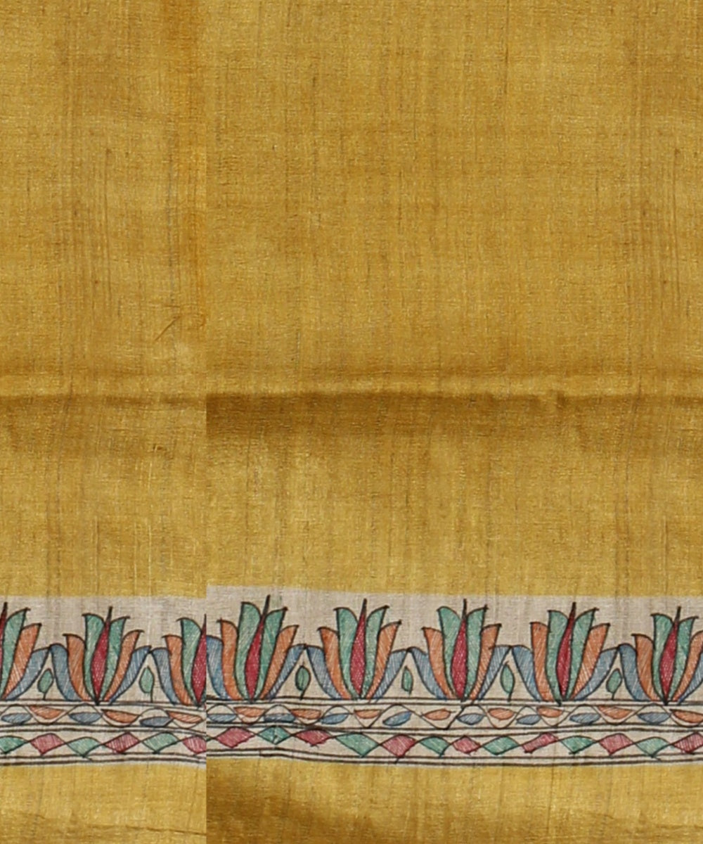 Mustard multi color tussar silk hand painted madhubani saree