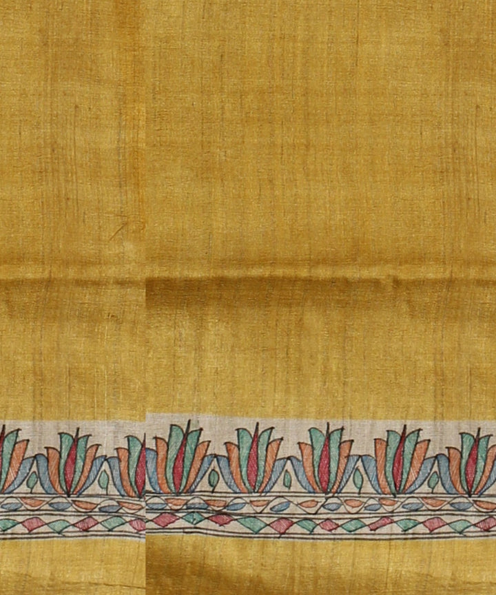 Mustard multi color tussar silk hand painted madhubani saree