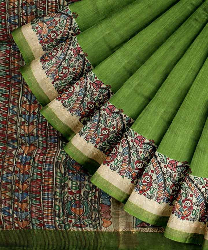 Light green multi color tussar silk hand painted madhubani saree