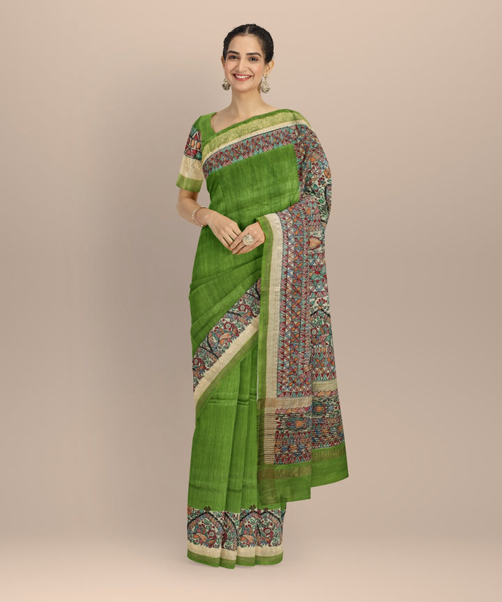 Light green multi color tussar silk hand painted madhubani saree