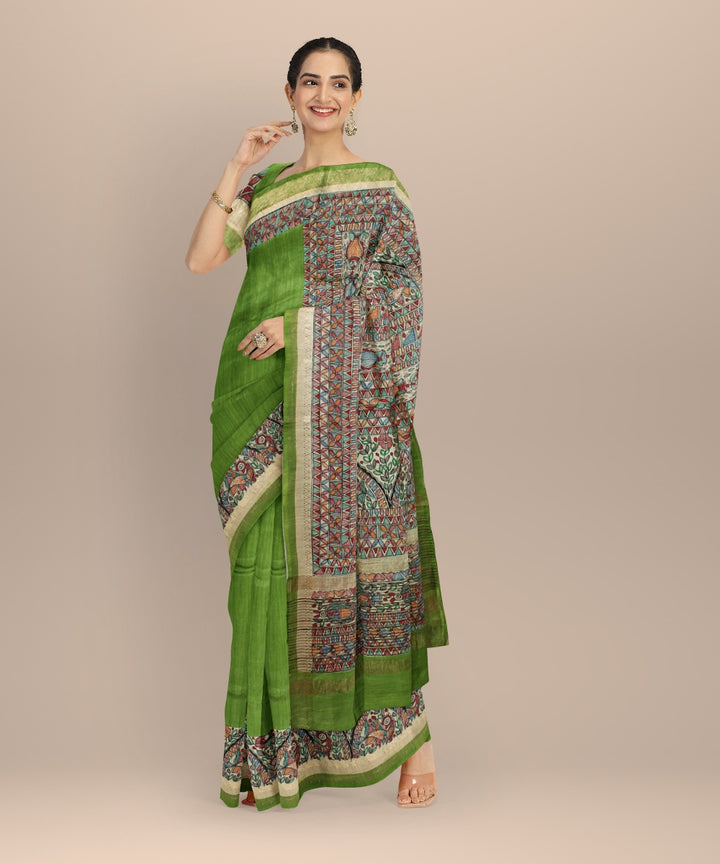 Light green multi color tussar silk hand painted madhubani saree