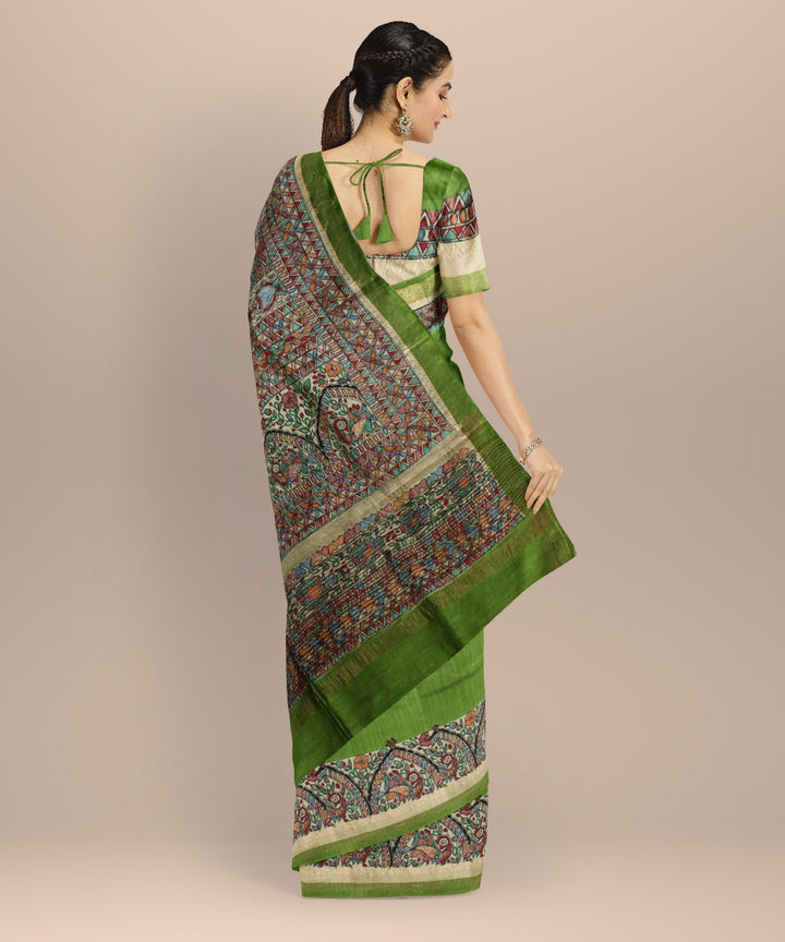 Light green multi color tussar silk hand painted madhubani saree