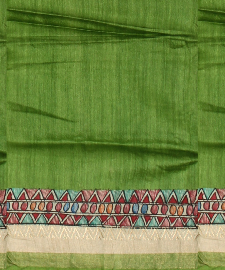 Light green multi color tussar silk hand painted madhubani saree